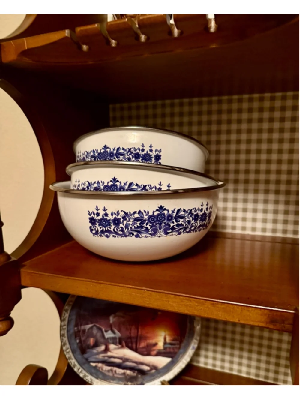 Enamelware 3pc Bowl Set White With Blue Pattern and Silver Rim